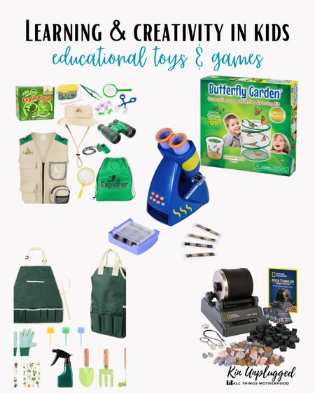 Encourage a love for nature and discovery with our collection of nature and exploration toys. These toys inspire kids to explore the world around them and learn about the environment.

	•	Backyard Safari Adventure Kits: Tools for outdoor exploration, including binoculars, bug catchers, and compasses.
	•	National Geographic Kids Rock Tumbler: Polish rocks and learn about geology with this fun and educational kit.
	•	Insect Lore Butterfly Garden: Raise caterpillars and watch them transform into butterflies.
	•	GeoSafari Jr. Talking Microscope: An interactive microscope that teaches kids about plants, insects, and more.
	•	Green Toys Eco-Friendly Gardening Kit: Tools for gardening that teach kids about plant growth and the environment.

#NatureToys #ExplorationToys #OutdoorLearning #KidsScience #EnvironmentalEducation #HandsOnLearning

#LTKkids #LTKGiftGuide