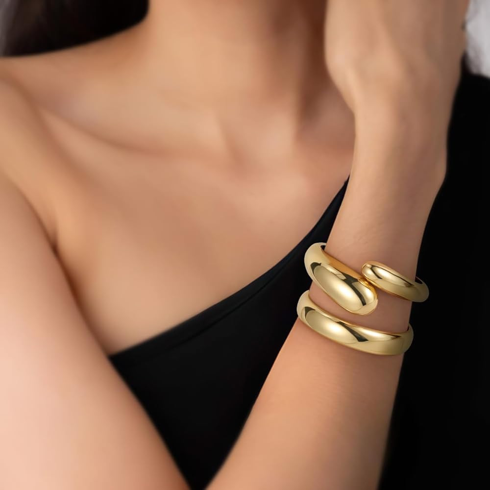 Emibele Cuff Bracelet Stack, 18K Gold-plated Open Bangle Bracelet, Teardrop Hinged Thick Wrist Ch... | Amazon (US)