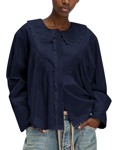 Ymejia Women's Peter Pan Collar Button Down Blouses Shirts Loose Fit Casual Long Sleeve Fp Dupe Summit Shirt Navy | Amazon (US)