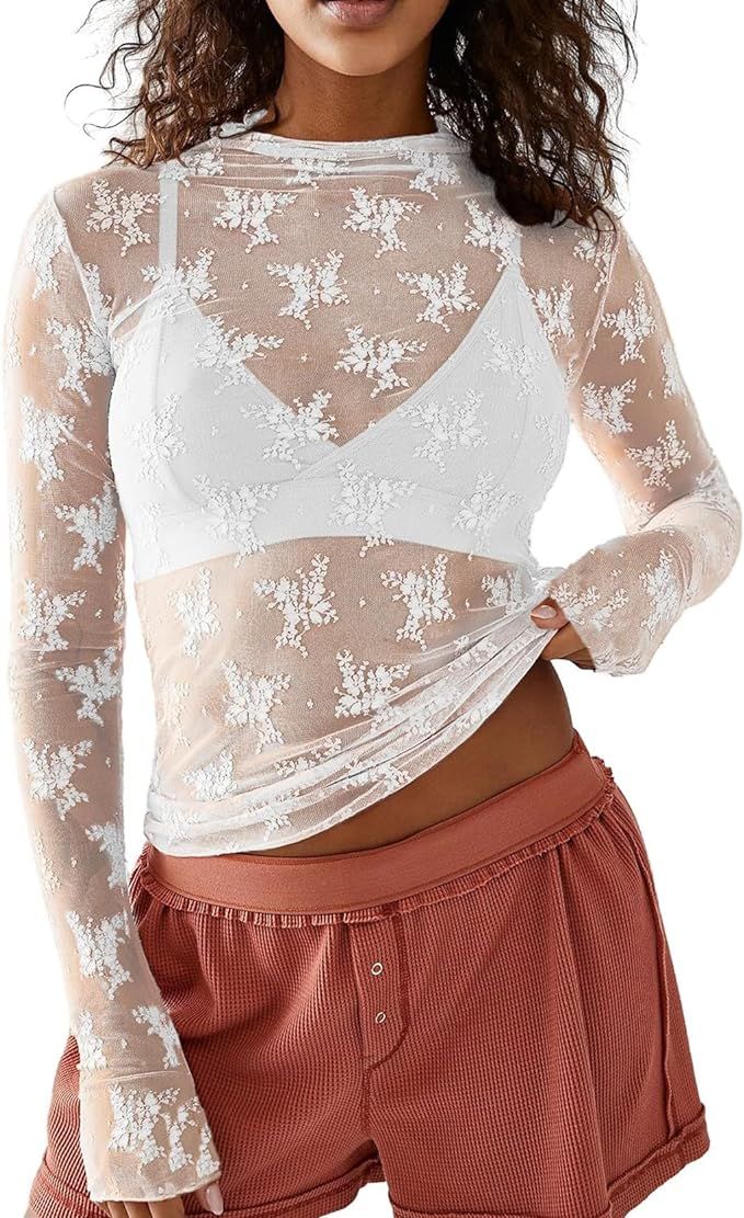 Womens Mesh Lace Long Sleeve Layering Top Mock Neck Sheer Blouse See Through Floral Shirt Tops | Amazon (US)