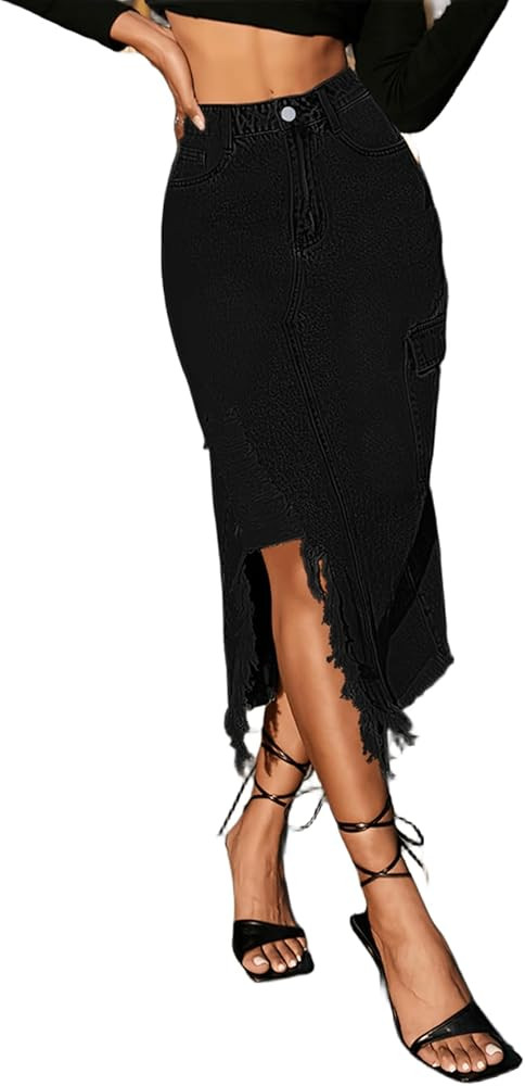 Womens Casual High Waisted Denim Midi Skirt Slit Frayed Raw Hem Cargo Jean Skirts with Pockets | Amazon (US)