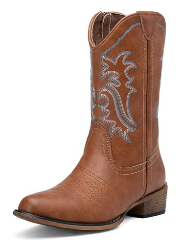 Jeossy Women's 9806 Brown Cowboy Boots, Western Cowgirl Mid-Calf Pull on Round Toe Embroidered Boots for Ladies with Zipper Size 8.5(DJY9806 brown 08.5) | Amazon (US)