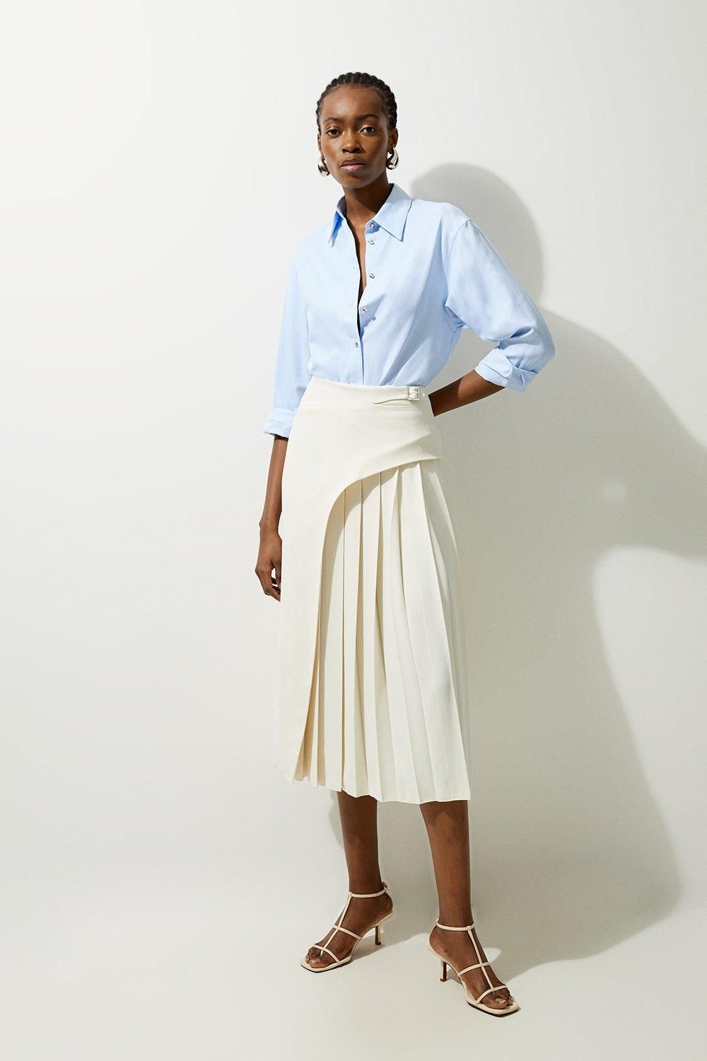 Tailored Buckle Detail Pleated Midi Skirt | Karen Millen US
