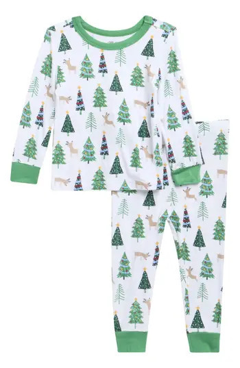 Little Me Christmas Tree Fitted Two-Piece Pajamas in White/Green at Nordstrom Rack, Size 12M | Nordstrom Rack