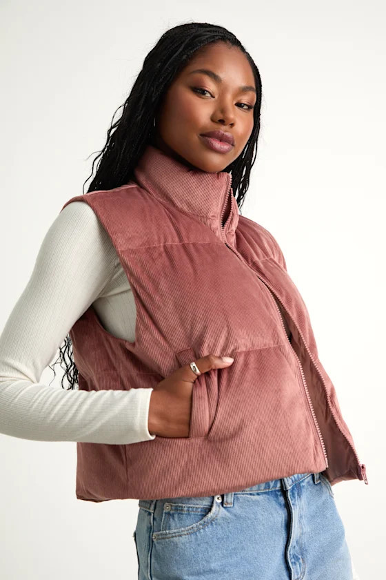 Cloud Nine Cutie Dusty Rose Corduroy Cropped Puffer Vest | Lulus