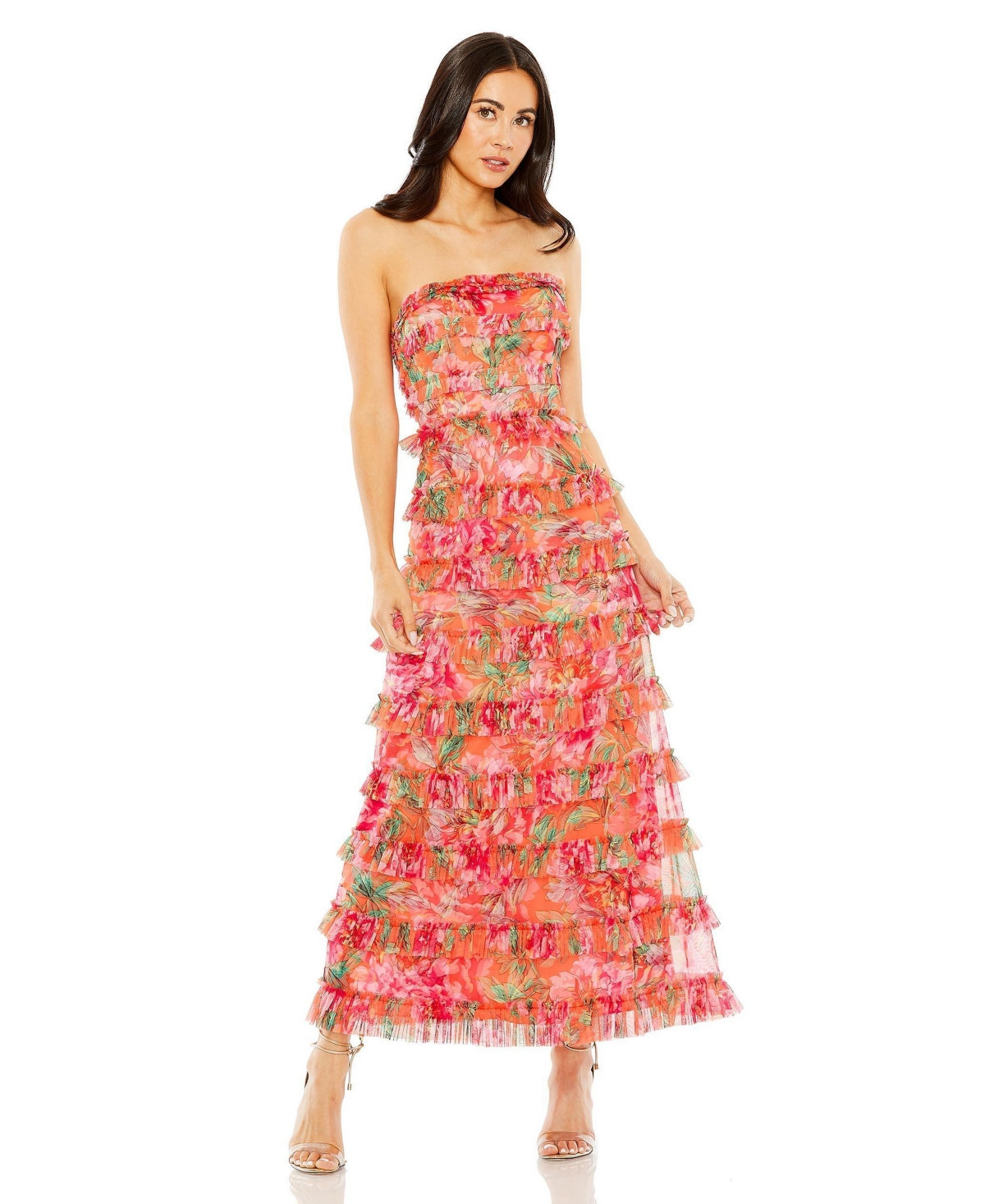 Women's Strapless Micro Ruffle Dress - Orange multi | Macy's