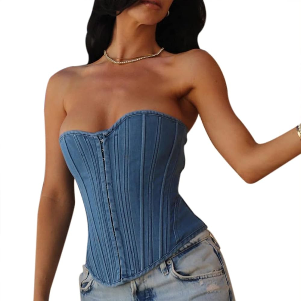 ZGMYC Women's Sexy Sleeveless Denim Corset Tube Top Off Shoulder Lace Up Bustier Jean Camisole Sh... | Amazon (US)