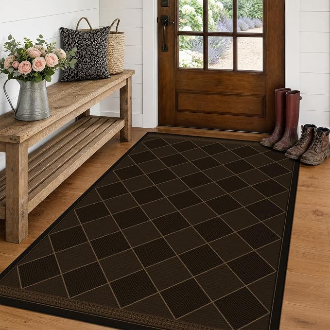 Dark Brown Diamond Checkered Easy Jute Rug Entryway 4x6, Non Slip Stain Resistant Checkerboard Ar... | Amazon (US)