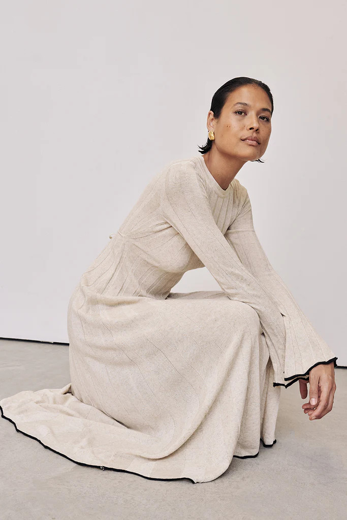 FLORA NATURAL CREW NECK KNIT MIDI DRESS | DISSH