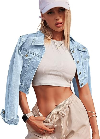 Grabsa Women's Button Down Long Sleeve Cropped Denim Jean Jacket with Pockets | Amazon (US)