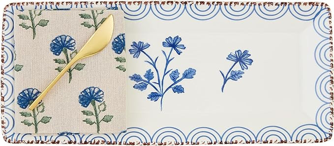 Mud Pie Blue Floral Hostess Set; Tray 6 1/4" x 14 1/4" | Spreader 5 1/2" | Towel 21" x 14" | Amazon (US)