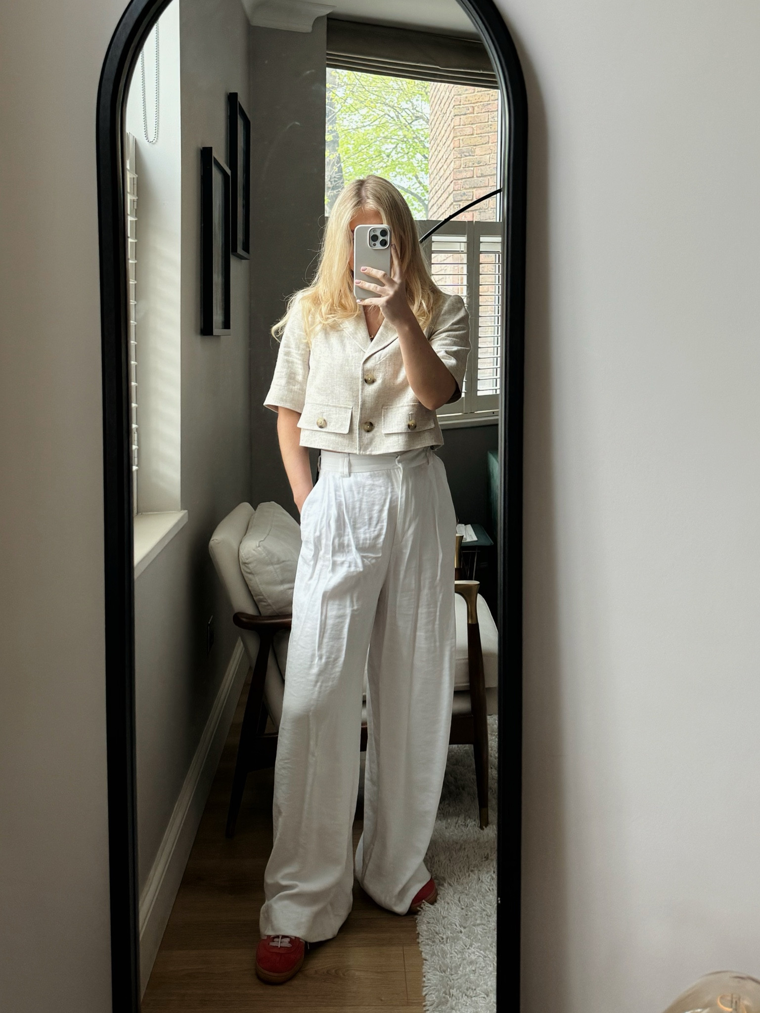 Linen crop blazer / shirt with linen trousers and a pop of colour with the red spezials! Love this for work or a summer lunch/dinner outfit 

#LTKSeasonal #LTKstyletip #LTKworkwear