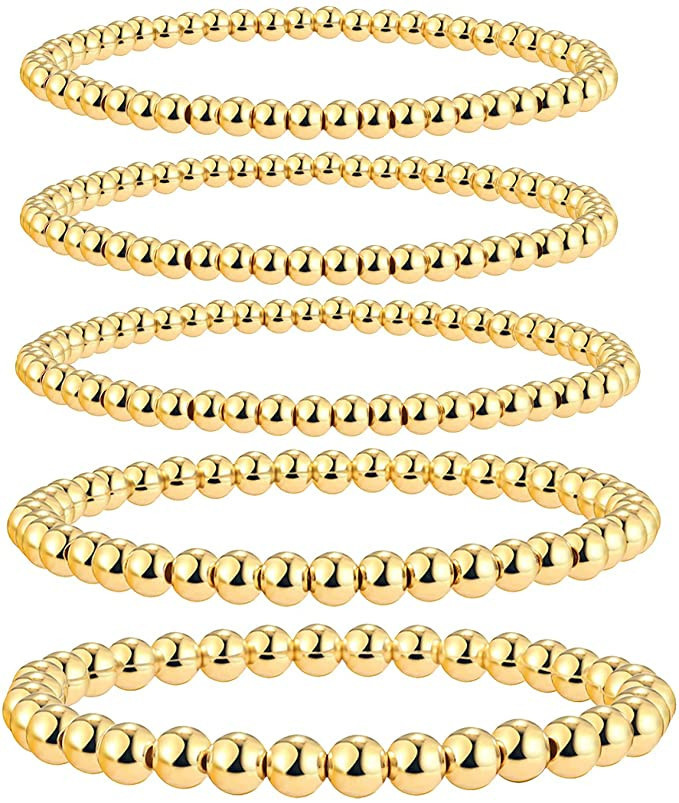 Gold Beaded Bracelets for Women, 18K Gold Plated Bead Ball Layered Bracelets Set Copper Beads Sta... | Amazon (US)