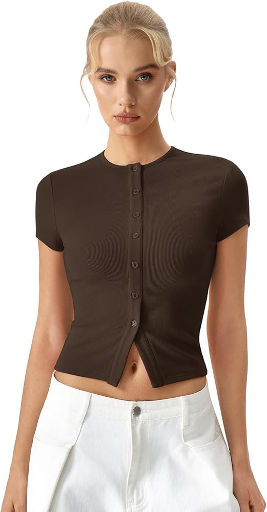 QINSEN Women's Crewneck Short Sleeve T Shirts Ribbed Button Going Out Trendy Tops | Amazon (US)