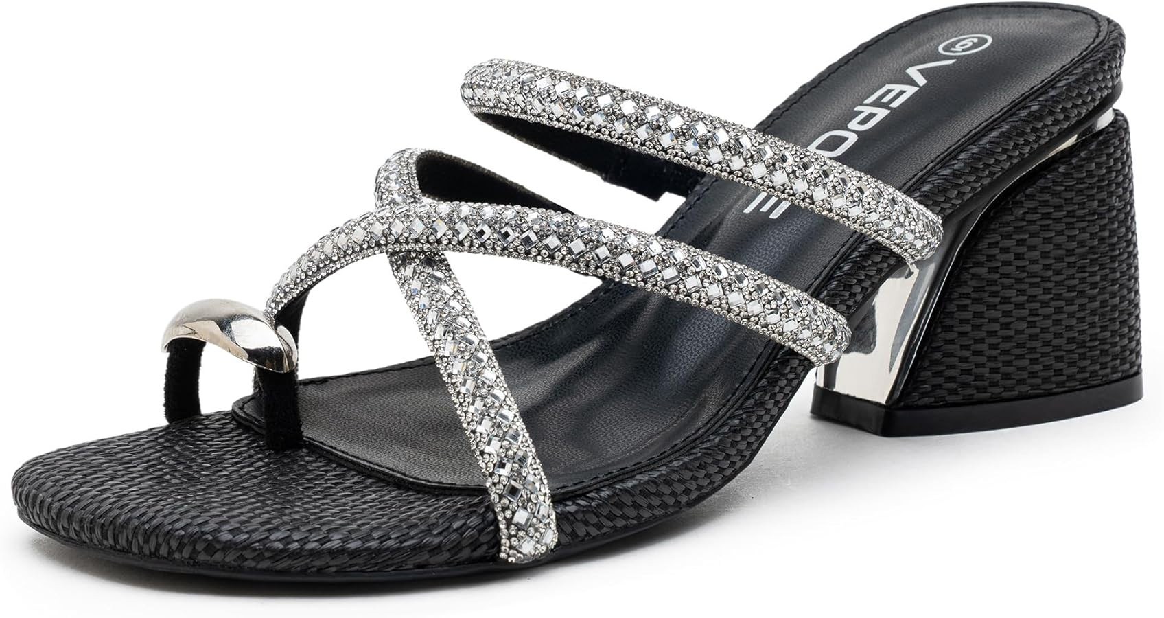 Amazon.com | Vepose Women's Black Heeled Sandals 3 Inch Chunky Block Raffia Heels - Rhinestone Strappy Open Toe Slip On Shoes for Wedding Guest and Prom Dressy Daily Wear, Size 6 US (CJY6122 black 06) | Heeled Sandals | Amazon (US)