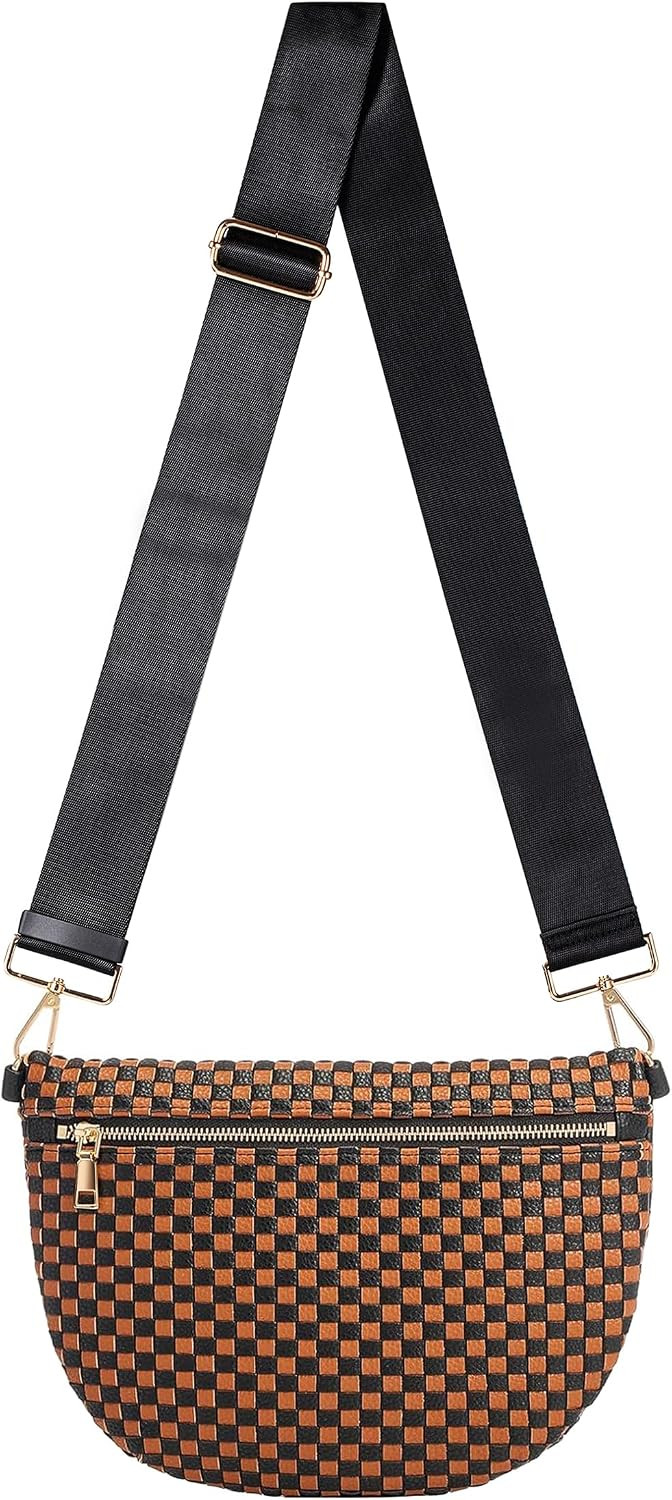Woven Crossbody Bag for Women, Checkered PU Bum Bag Sling Purse with Adjustable Strap for Travel, Festivals | Amazon (US)