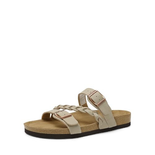 DREAM PAIRS Women's Slides Soft Cork Footbed Sandals Comfortable Walking Slip-on Flat Sandals Arch Support Adjustable Buckle Braided Straps Slippers,Size 8.5,Beige,DWUMSS2547 | Amazon (US)