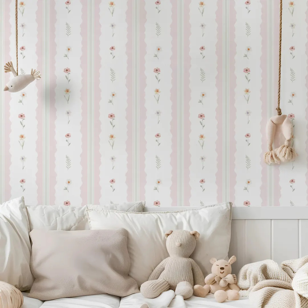 Pink Floral Scalloped Stripe Nursery Wallpaper, Pastel Flower Peel and Stick Kids Wallpaper | Etsy (US)
