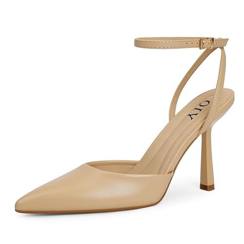 QIY Nude Heels for Women Pumps Closed Toe Pointy Pointed Toe Heels Formal Dress Wedding Bridal Shoes Nude Slingback Heel Ankle Strap Stiletto High Heel Size 9 | Amazon (US)