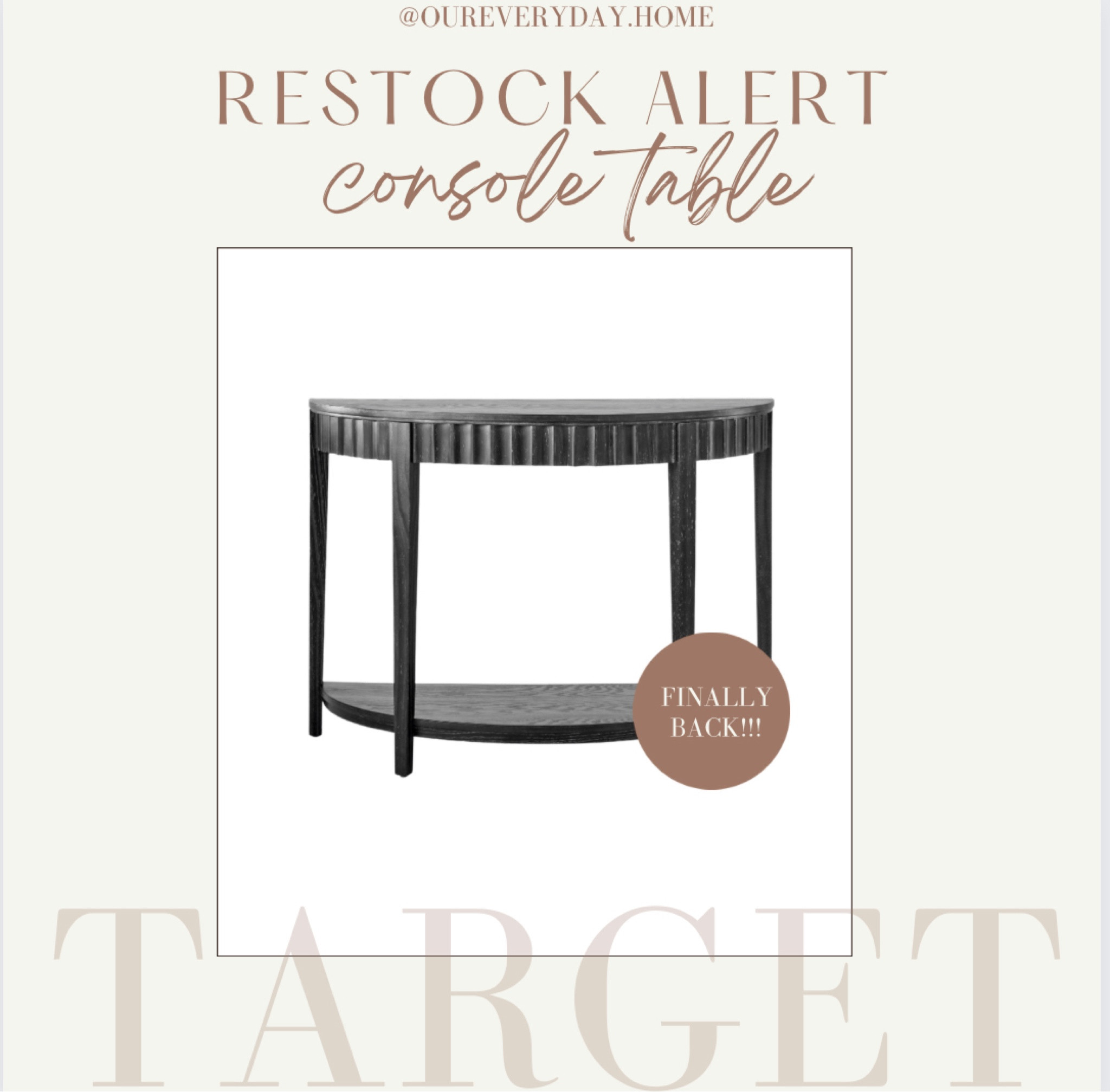 Target restock console table 

tv console
Amazon sectional sofa 
console table black
home office
large dining room walls
olive and charcoal rug
tv stand
oval dining table
light fixtures
painted portrait
oureverydayhome

#LTKhome #LTKunder100 #LTKunder50