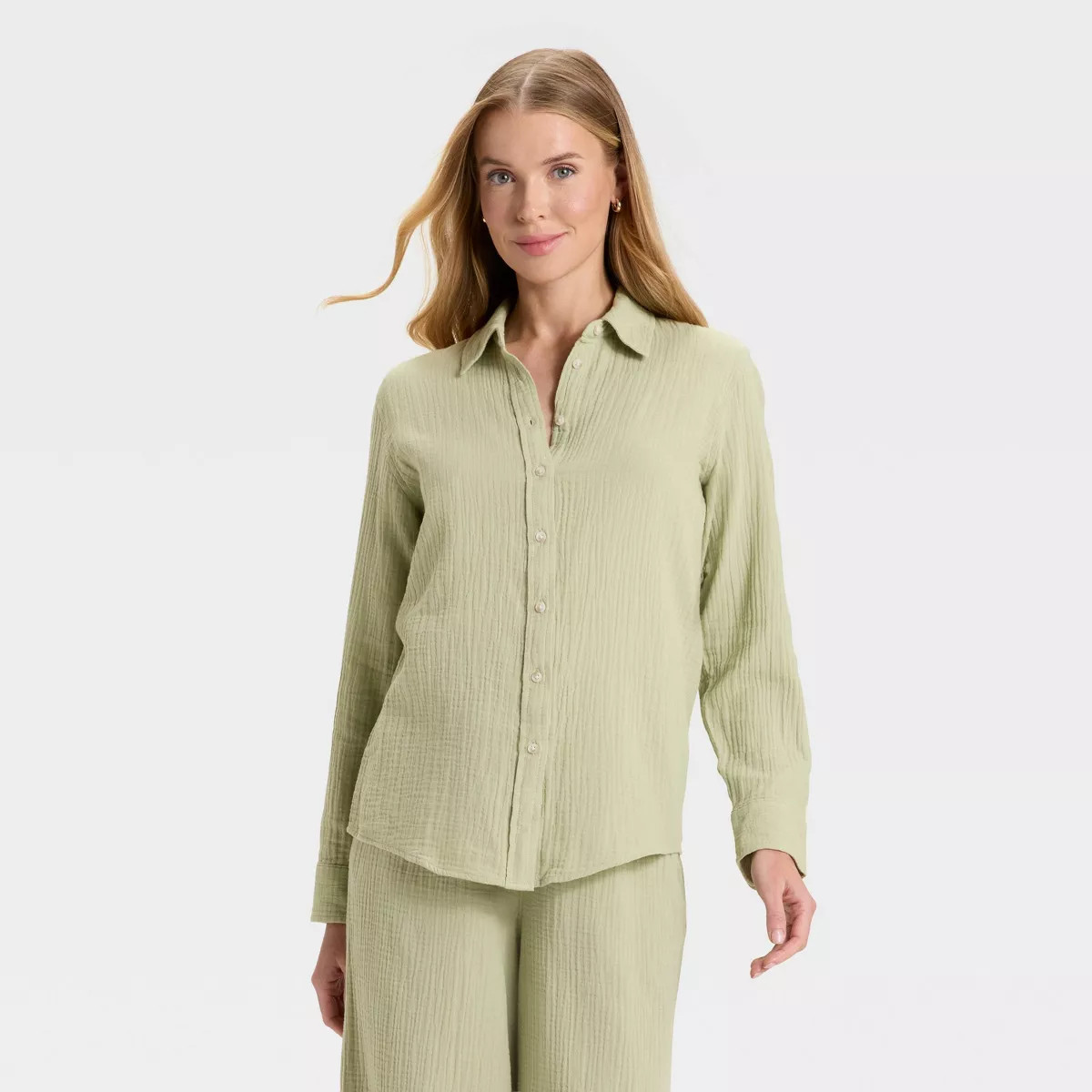 Women's Long Sleeve Gauze Collared Button-Down Shirt - Universal Thread™ Olive Green XS | Target