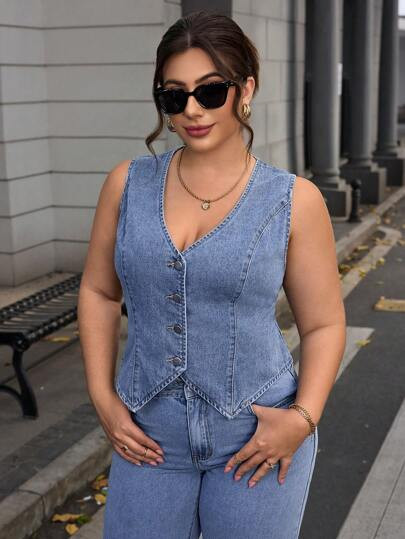 Firerie Plus Size Sleeveless Denim Jacket, Simple And Fashionable For Casual Daily Wear | SHEIN