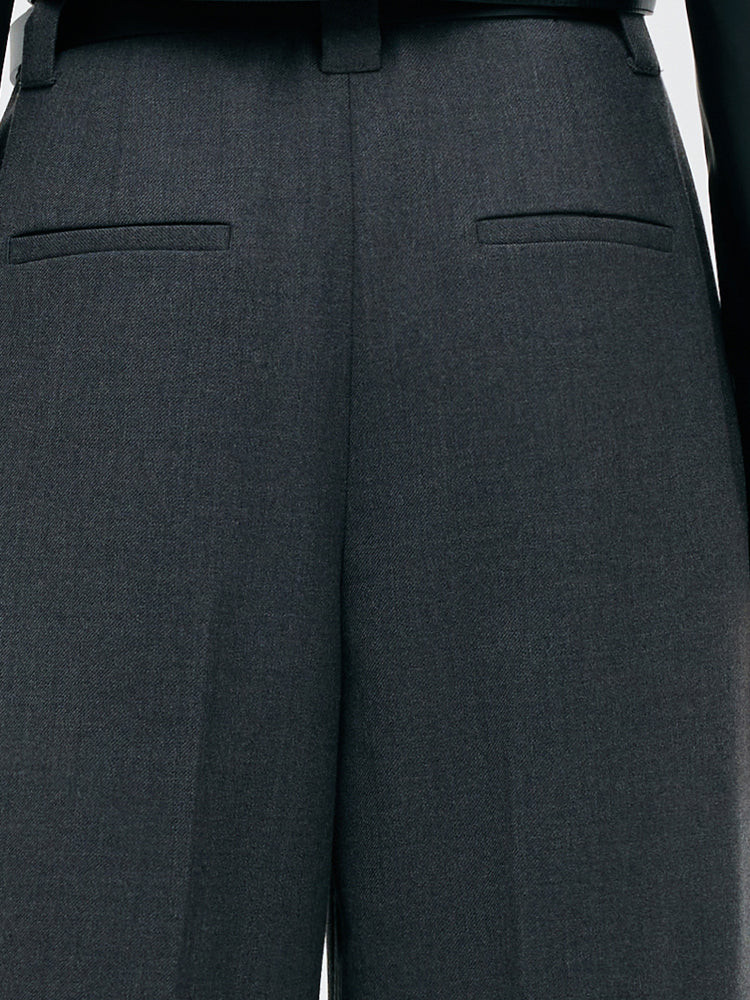 Worsted Wool Women Wide Leg Pants With Leather Belt | GOELIA