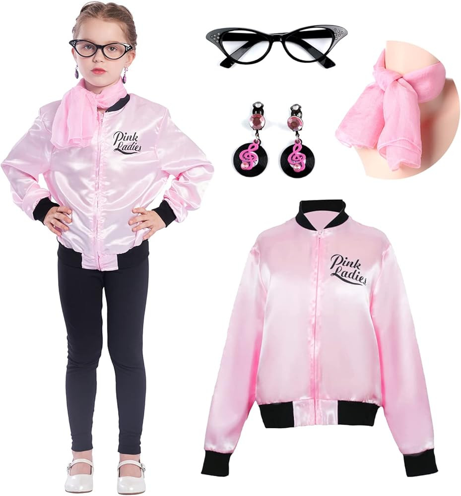 Sincere Party Pink Satin Jacket Back to the 50s Costume for Girls with Glasses,Scarf,Earrings | Amazon (US)