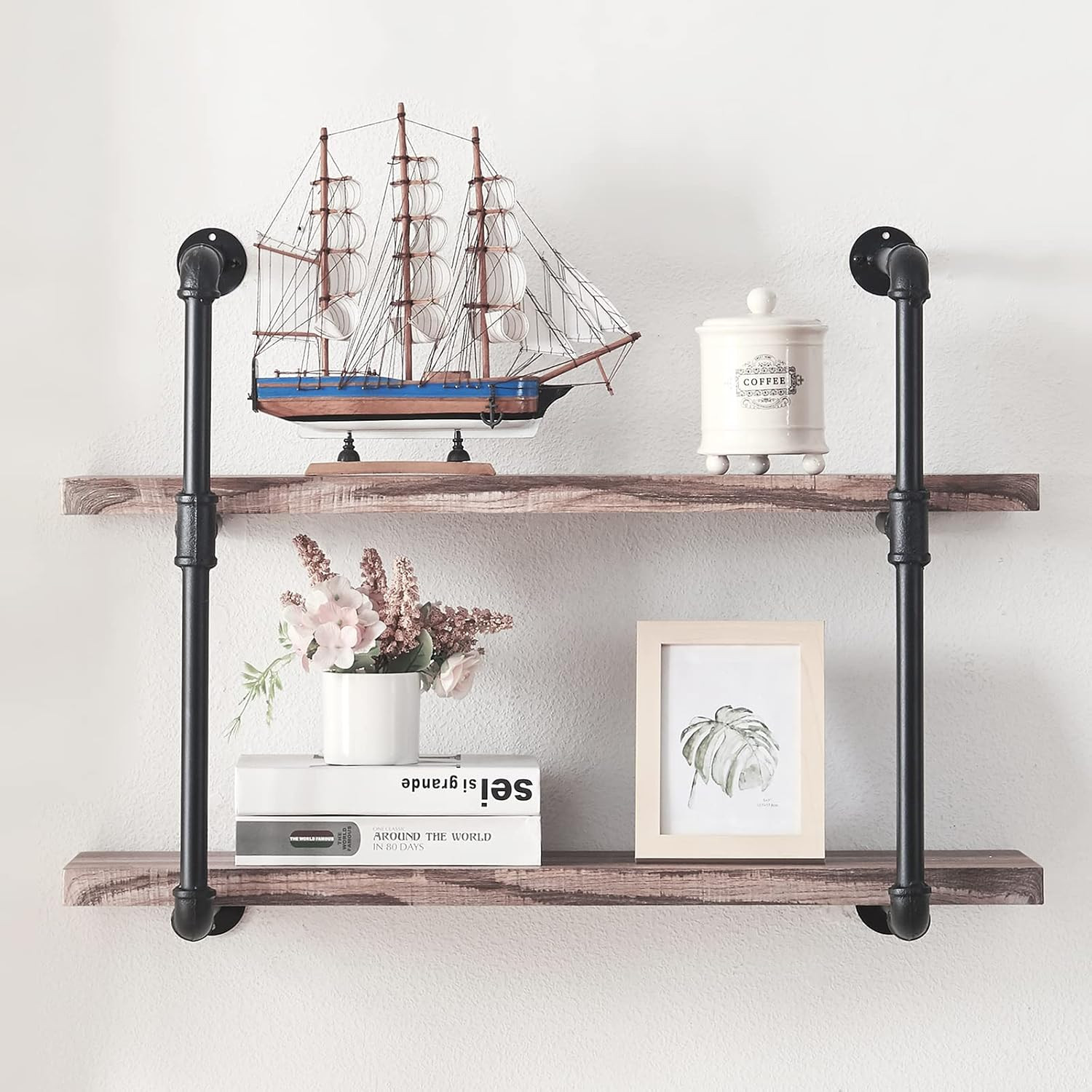 Homissue 2-Shelf Rustic Pipe Shelving Unit, Vintage Industrial Pipe Wall Shelf, Retro Brown | Amazon (US)