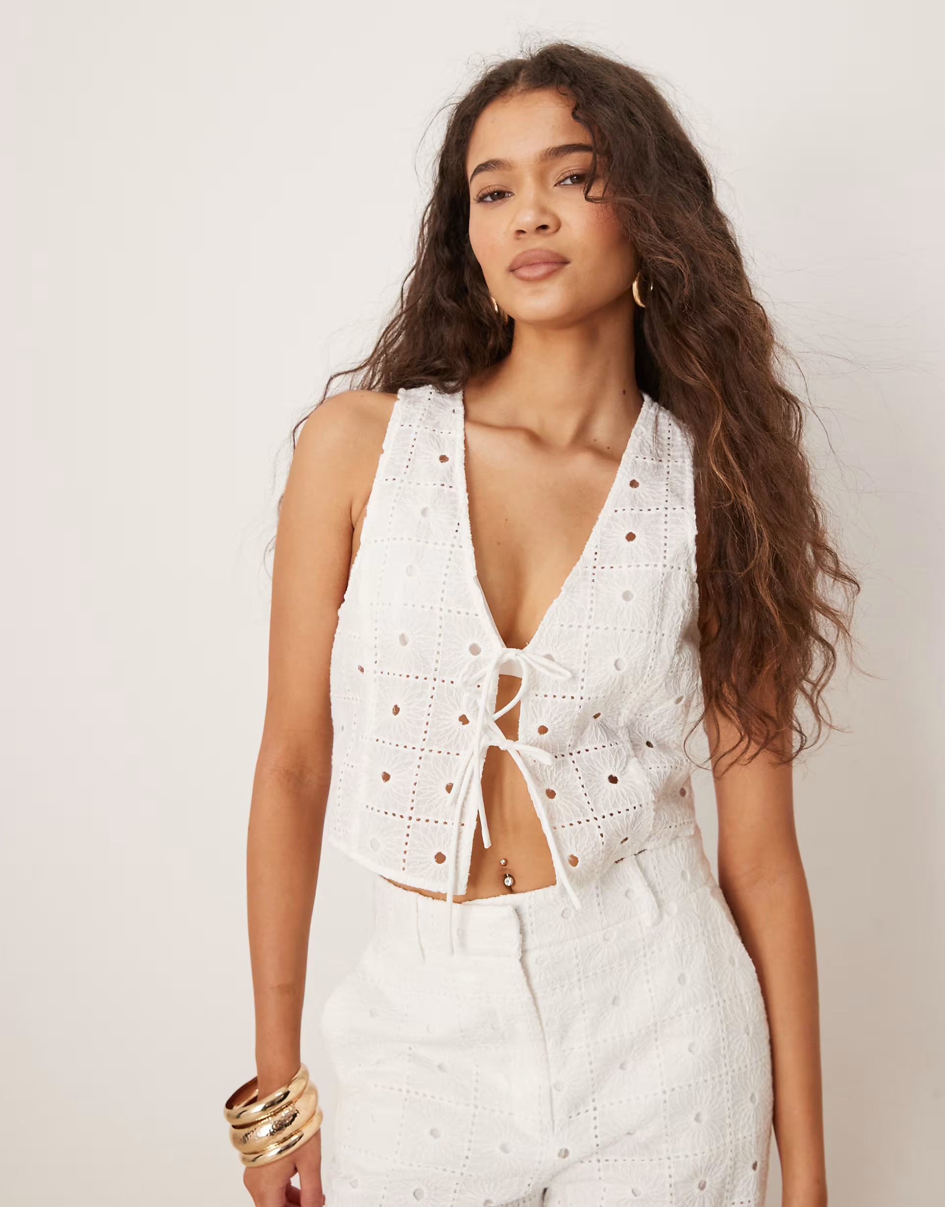Mango cotton floral broderie tie front waistcoat co-ord in white | ASOS (Global)