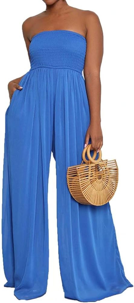 IyMoo Women's Sexy Off Shoulder Strapless Loose Wide Leg Jumpsuit Long Romper with Pockets | Amazon (US)