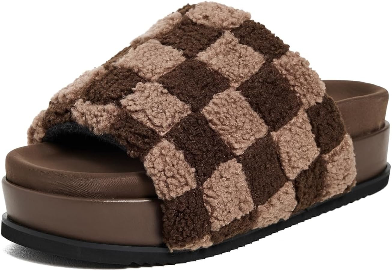 R0AM Women's Fuzzy Checker Stack Slippers | Amazon (US)