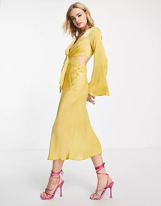 ASOS DESIGN tie front satin midi dress with flared sleeve and cut out side | ASOS (Global)