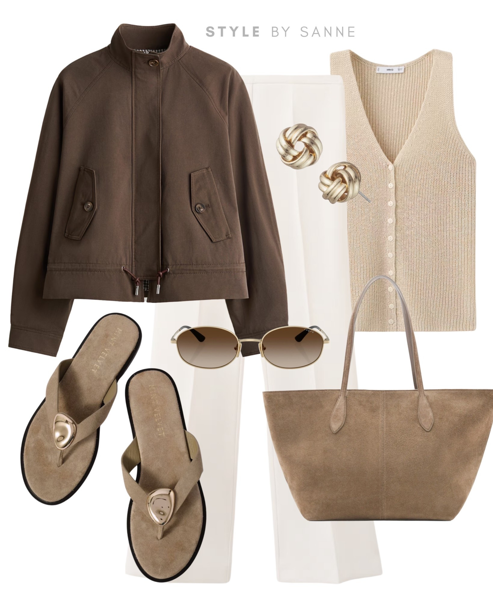 A rich brown jacket paired with soft off-white trousers creates a warm, elegant base. Styled with a textured knit top, tonal sandals and a suede tote for a relaxed yet refined summer look.🤎

#LTKspring #LTKstyletip
