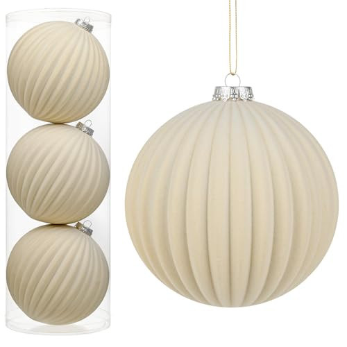 6" Extra Large Velvet Christmas Ball Ornaments Set of 3, Oversized Flocked Ornaments for Xmas Tree Mantel Centerpiece Bowl Filler, Cream White Ornament for Christmas Tree, Winter, Holiday, Party Decor | Amazon (US)