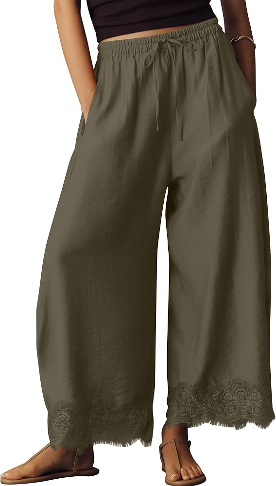 TERIVEEK Lace Trim Wide Leg Pants for Women 2026 Summer Casual Drawstring Elastic Waisted Flowy T... | Amazon (US)