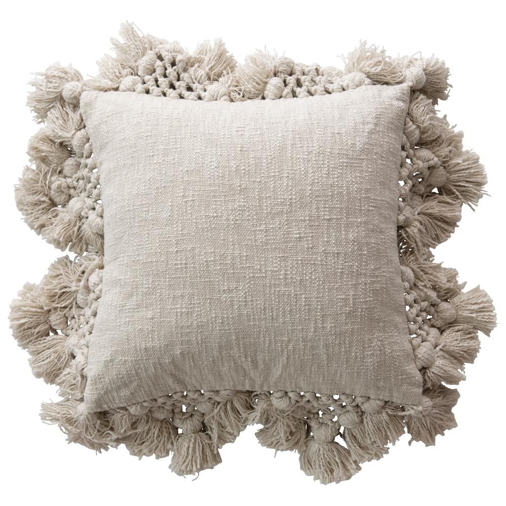 3R Studios 18 in. x 18 in. Cream Square Crochet and Tassels Cotton Slub Pillow, Ivory | The Home Depot