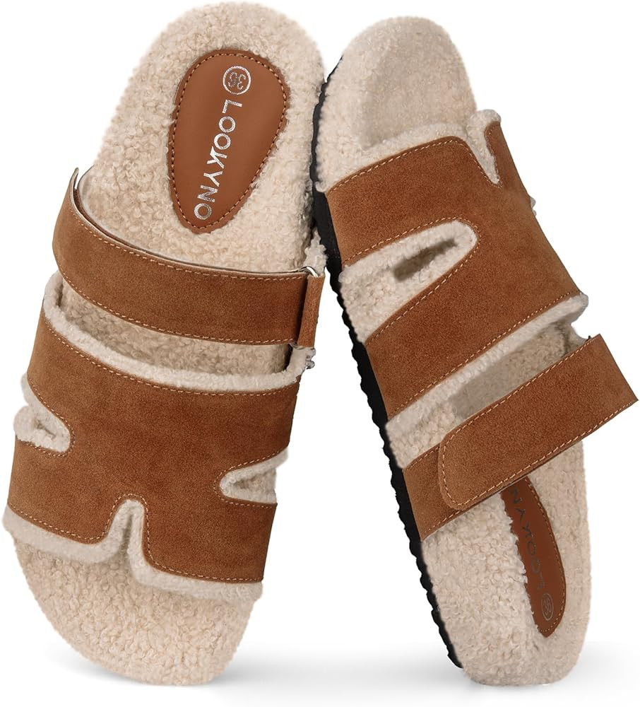 Slippers for Women Adjustable House Slippers Faux Shearling Fuzzy Slide Sandals with Cozy Lined, ... | Amazon (US)