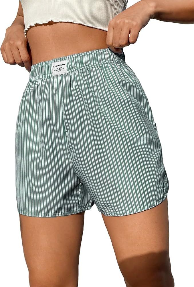 OYOANGLE Women's Summer Casual Striped Print Elastic Waist Mid Rise Straight Leg Shorts | Amazon (US)