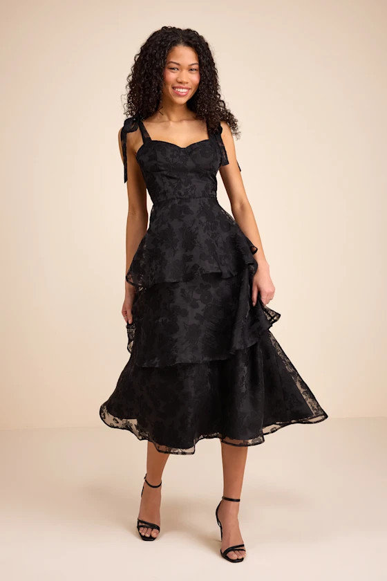Glamorous Sweetie Black Burnout Tie-Strap Bustier Midi Dress | Lulus