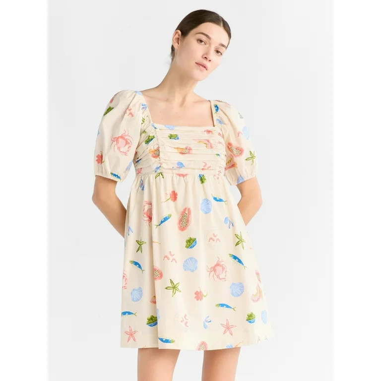 Free Assembly Women's Shirred Cotton Mini Dress with Puff Sleeves, Sizes XS-XXXL | Walmart (US)
