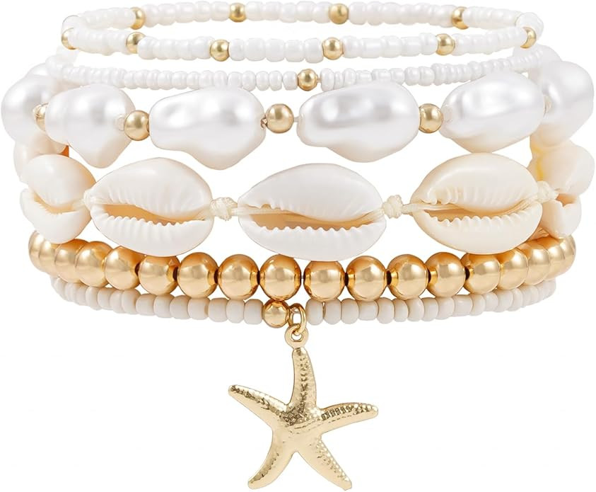 Summer Surfer Heishi Bracelet Set for Women Stackable Gold Plated Clay Ploymer Bead Stretch Pink ... | Amazon (US)