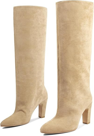 ISNOM Slouchy Knee High Boots Women for Regular Calf, Not for Bigger Wide Calf Chunky Heel Boots ... | Amazon (US)