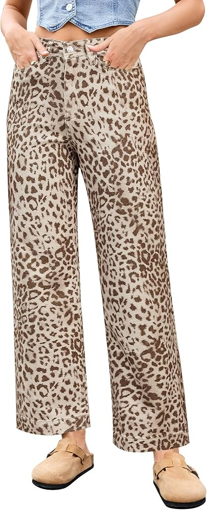 LookbookStore Wide Leg Jeans for Women Trendy High Waisted Stretchy Cheetah Leopard Pants Ankle L... | Amazon (US)
