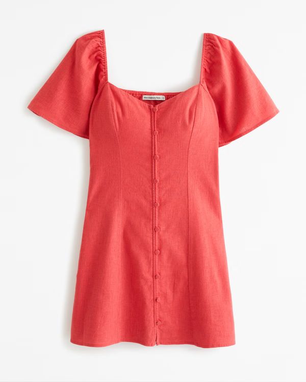 Women's Linen-Blend Button-Through Mini Dress | Women's | Abercrombie.com | Abercrombie & Fitch (US)