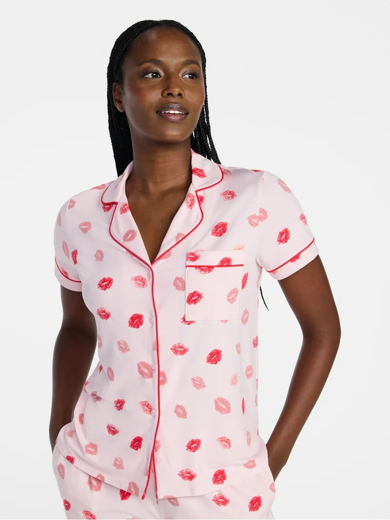 Joyspun Women's Dreamy Soft Collection Notch Top and Shorts Pajama Set, 2-Piece, Sizes XS-3X | Walmart (US)