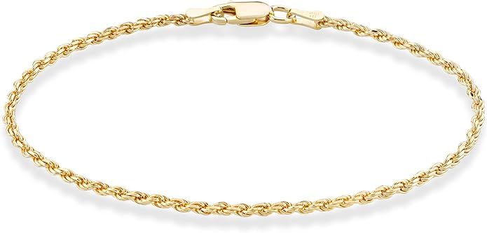 Miabella 18K Gold Over Sterling Silver Italian 2mm, 3mm Diamond-Cut Braided Rope Chain Bracelet f... | Amazon (US)