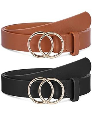 Double Ring Leather Belts for Women SANSTHS O-Style Gold Buckle Skinny Dress Belt 0.86 inch Width... | Amazon (US)