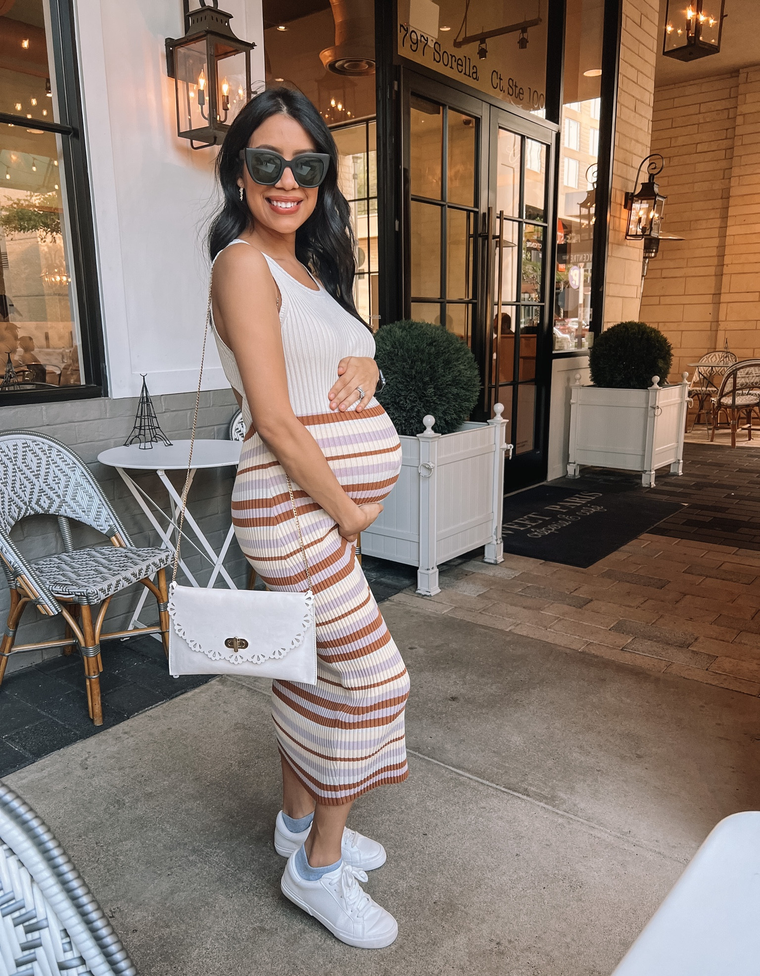 Beige dress/ striped dress/ midi dress/ cutout midi dress/ maternity dress/ maternity midi dress/ Size Small/ White Sneakers/ knit midi dress 

#LTKbump #LTKshoecrush #LTKunder100