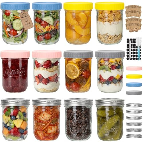 CycleMore 16oz Wide Mouth Mason Jars with Airtight Lids, 12 - Pack Canning Jars with Colorful Lids, Glass Jars for Fermenting, Pickling, Freezing, Preserving, Meal Prep, Jar Décor | Amazon (US)